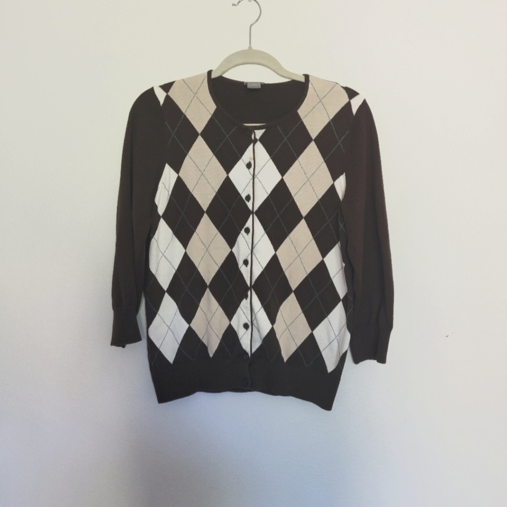 Argyle sweater solid color brown back cream white with blue Ann Taylor 90's